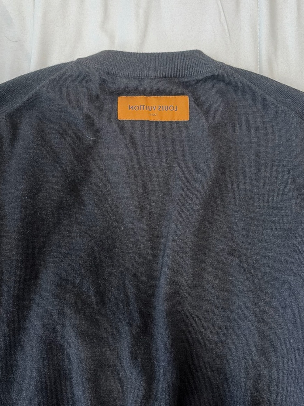 Louis Vuitton Men’s Charcoal Crewneck Sweater with Tan Logo Patch
